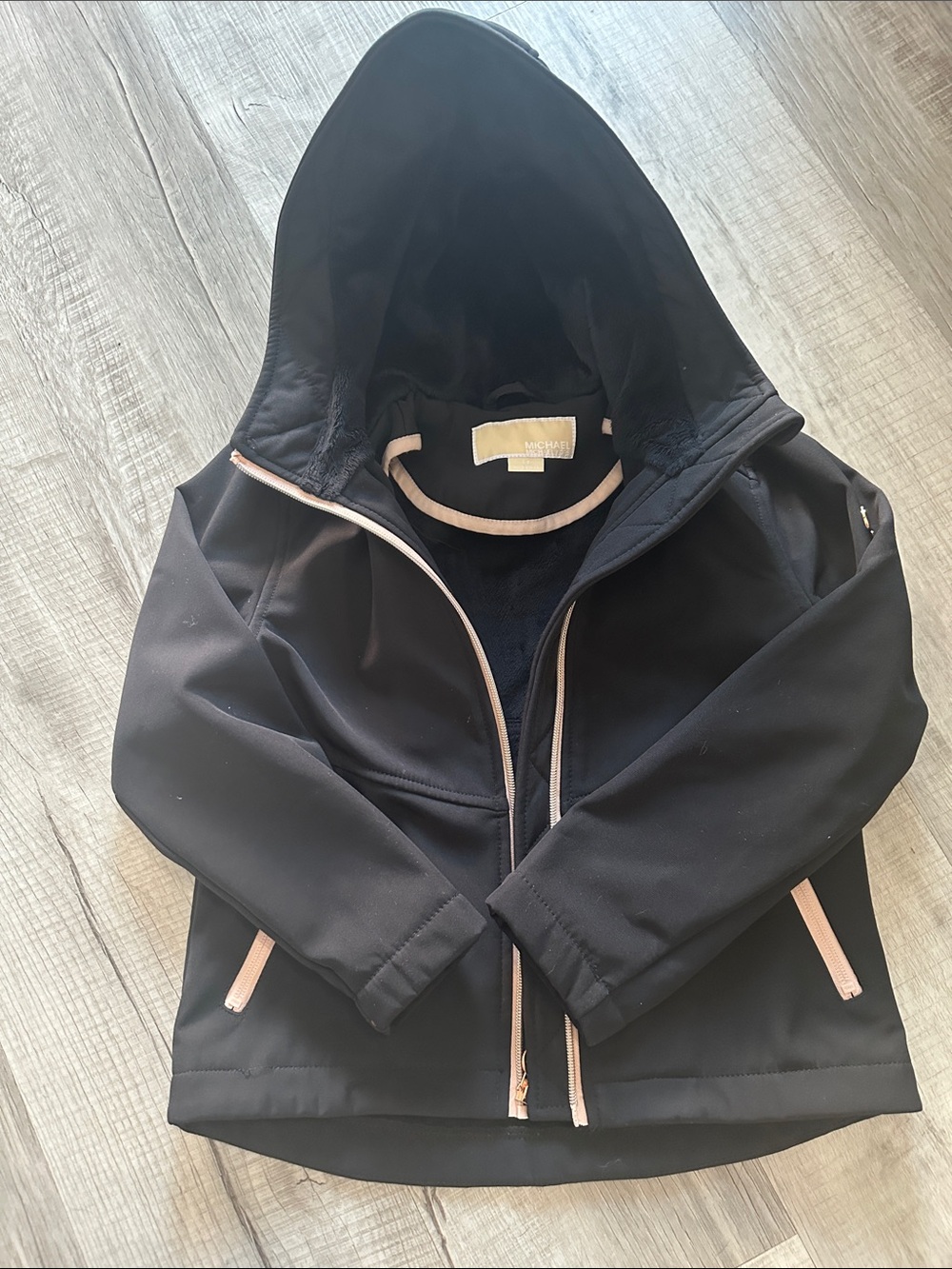 Black Michael Kors Girls Hooded Jacket with Blush Trim and Rose Gold accessories